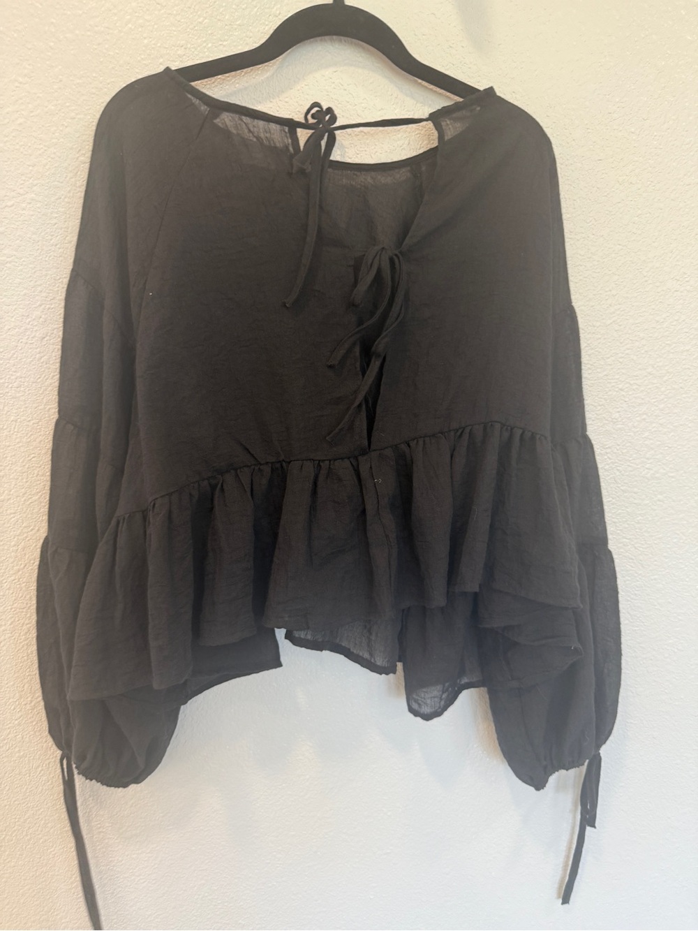 Mustard Seed Women’s Small Linen Viscose Tie Back Black Top Peasant Blouse - Picture 4 of 6